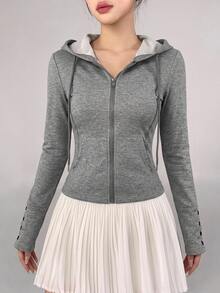 DAZY Autumn Korean Style Grey Hooded Slim Fit Button Decor Casual Tennis Running Streetwear Women's Sports Sweatshirt - Grey - View 7