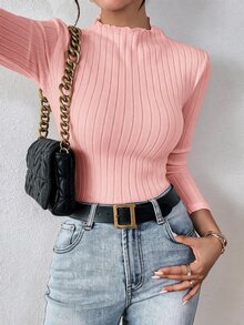 SHEIN Frenchy 休閒極簡風粉色 93% 棉羅紋女款修身長袖高領打底 T 恤，適合秋冬穿著 - 粉色 - 查看 5