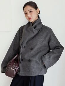 Dazy-Less Women's Winter Grey Lapel Long Sleeve Double-Breasted Solid Color Loose Casual Versatile Overcoat - Grey - View 1