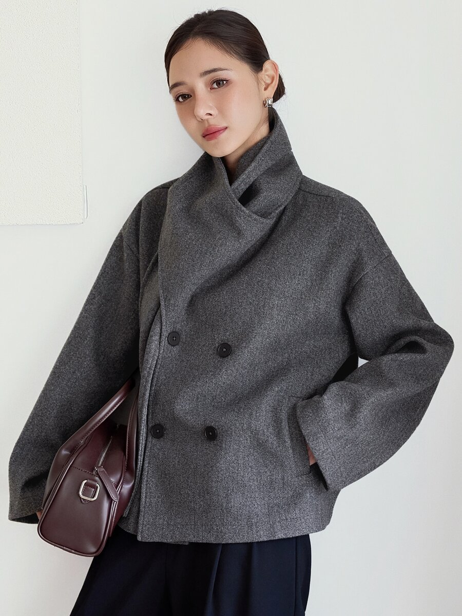 Dazy-Less Women's Winter Grey Lapel Long Sleeve Double-Breasted Solid Color Loose Casual Versatile Overcoat - Grey - View 1