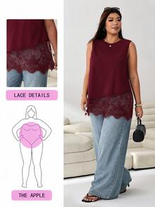 Solflare Plus Size Women's Lace Patchwork Casual Versatile Daily Date Night Formal Outing Top Black Summer - Burgundy - View 1