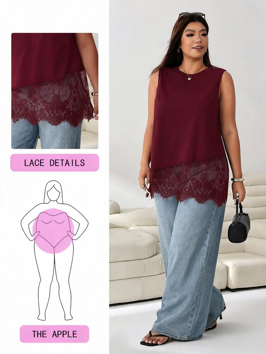 Solflare Plus Size Women's Lace Patchwork Casual Versatile Daily Date Night Formal Outing Top Black Summer - Burgundy - View 1