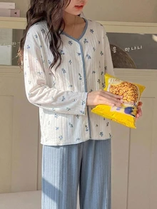 Dazy Kids Tween Girl) Long Sleeve T-Shirt Floral Contrast V-Neck Loose Basic Top + Pants 2 Pieces Set, Casual Home Wear For Autumn - Baby Blue - View 5