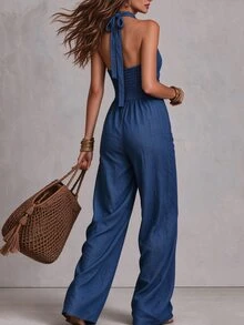 Trelyra Jumpsuit Halter Ikat Kasual Ukuran Besar - Biru - View 2