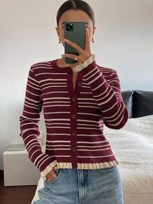 Livesso 女款休閒棕色條紋荷葉邊開襟衫，秋冬早午餐日常長袖上衣 - 酒紅色 - 查看 3