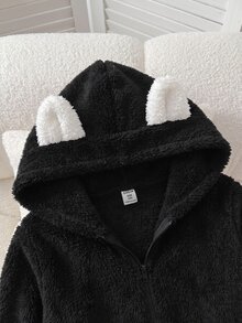 SHEIN Tween女孩秋冬保暖加厚珊瑚絨雙面保暖外套，可愛卡通貓耳設計兒童夾克外套 - 黑色 - 查看 3