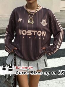 SHEIN CURVE+ 休閒簡約大尺碼女款字母條紋T恤 春秋季 - 棕色 - 查看 8
