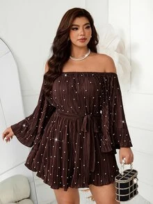 Femmeverse Women's Plus Size New Pearl Decor Cold Shoulder Ruffle Collar Pleated Loose Waist Belt Bow A-Line Short Jumpsuit - Coffee Brown - View 3