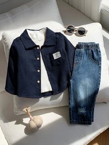 SHEIN 3 قطع/مجموعة ملابس كاجوال للأطفال الذكور في فصل الخريف/الشتاء تشمل تي شيرت داخلي، - متعدد الألوان - مشاهدة 4