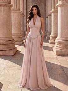 Coutiva Women's Pearl Chiffon Patchwork Wedding Rehearsal Dinner Bridal Getting Ready Dress With Rhinestone Strip Front Panel, Formal Gown Winter Elegant - Dusty Pink - View 2