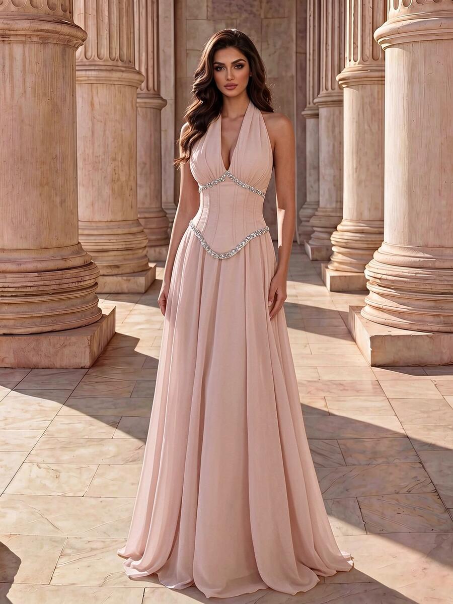 Coutiva Women's Pearl Chiffon Patchwork Wedding Rehearsal Dinner Bridal Getting Ready Dress With Rhinestone Strip Front Panel, Formal Gown Winter Elegant