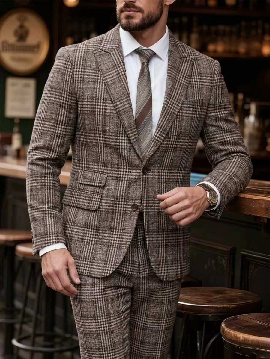 Manfinity Homme جاكيت رجالية ضيقة الملاءمة بنمط مربعات عتيق، ياقة مسننة بزرين، جاكيت بدلة كاجوال، ملابس علوية رجالية متعددة الاستخدامات للأعمال الخفيفة - بني - مشاهدة 1