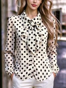 RosyDaze Women's Tie Neck Polka Dot Casual Versatile Top - Black - View 6