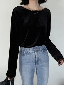 FRIFUL Women's French Style Flocked Long Sleeve Versatile T-Shirt - Black - View 4