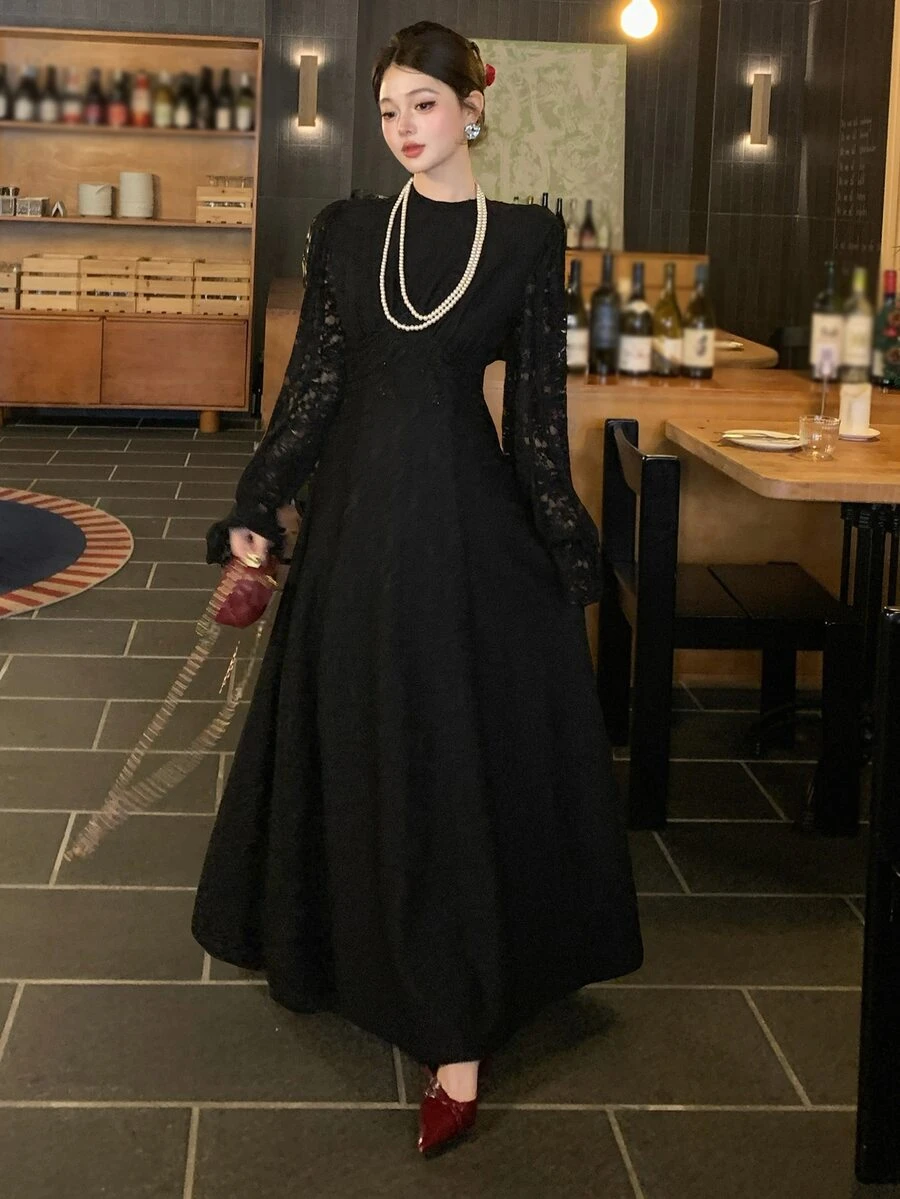 DAZY Gaun Pesta & Perjalanan Kasual Patchwork Renda Wanita - Hitam - View 1