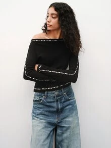 Maija Women's Rivet Design Asymmetrical Shoulder Long Sleeve Fashion Top ,Going Out Outfits, Work Outfits For Women - Black - View 4