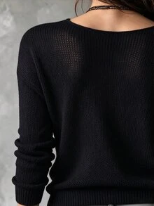 Linhara Women's Solid Color Deep V-Neck Casual Versatile Daily Long Sleeve Plus Size Sweater Winter - Black - View 4