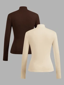 SHEIN EZwear Women's 2pcs Set High Neck Fitted Long Sleeve Basic T-Shirt Set Suitable For Autumn/Winter - Multicolor - View 2