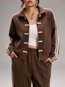 SHEIN BASICS Plus Size Frog Button Long Sleeve Jacket And Striped Pants With Pockets 2 Pieces Set - Brown - View 4