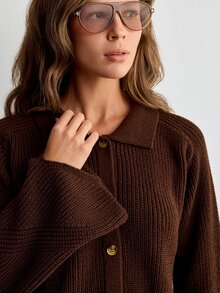 Muchica Ribbed Knit Shirt Collar Cardigan & Wide Leg Pants Co-Ord Set Dark Brown AW25 - Brown - View 2
