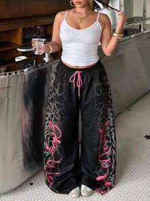 Muchica Plus Size Women's Drawstring Waist Pocket Casual Long Pants Fall - Black - View 5