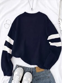 SHEIN 青少年女孩秋季上衣 兒童藍色海軍藍星星提花圓領套頭毛衣 條紋落肩長袖冬季保暖休閒羅紋針織衫 - 藏蓝色 - 查看 2