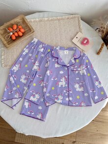 SHEIN 女嬰卡通印花上衣與長褲居家服套裝 - 紫色 - 查看 6
