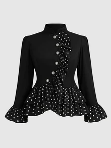 Sweetra Plus Size Polka Dot Ruffle Patchwork Long Sleeve Jacket - Black - View 1