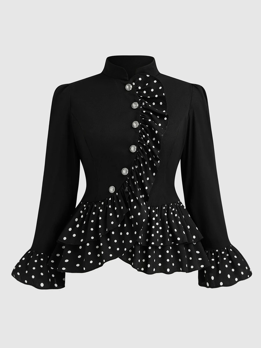 Sweetra Plus Size Polka Dot Ruffle Patchwork Long Sleeve Jacket - Black - View 1