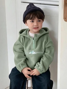 DAZY 幼兒男童連帽仿羊羔絨英文刺繡運動衫 - 綠色 - 查看 5