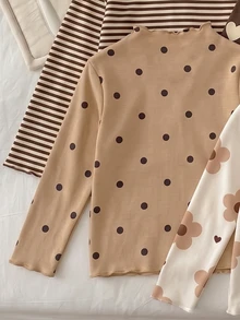 SHEIN تي شيرت كاجوال بياقة عالية وأكمام طويلة للفتيات الصغيرات - متعدد الألوان - مشاهدة 4