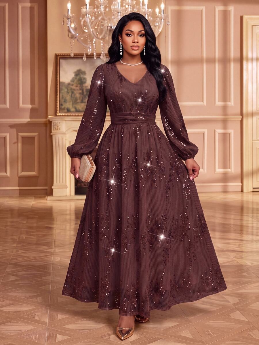 Fleurora Elegant Pink Dress Graduation Cocktail Sequin Ceremony Birthday Wedding Guest Long Party Formal Fall Christmas - Brown - View 1