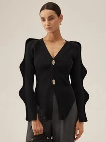 SHEIN Women's Solid Color V-Neck Casual Daily Long Sleeve Cardigan - Black - View 5