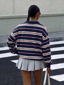 Muchica Women's Polo Collar Striped Colorblock Long Sleeve Loose Sweatshirt, Thick Material, Suitable For Autumn/Winter - Multicolor - View 2