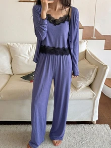 DAZY طقم ملابس نوم نسائي كاجوال يومي للمنزل من توب كاميسول بتصميم دانتيل مرقع وبنطلون طويل للخريف - ازرق ضبابي - مشاهدة 3