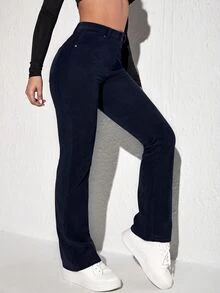 SHEIN Unity Button Pocket Denim Corduroy Flared Leg Pants - Dark Wash - View 5