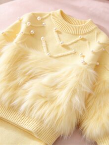 SHEIN 女童毛絨拼接串珠裝飾毛衣與針織長褲套裝 - 黃色 - 查看 13