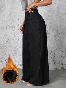 SHEIN SXY 女款街頭風百褶寬鬆牛仔長褲 - 黑色 - 查看 1
