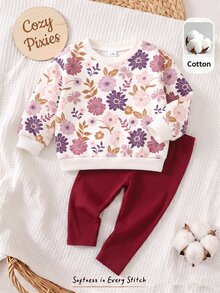 Cozy Pixies 女嬰花卉印花長袖秋冬衛衣與內搭褲套裝 - 彩色 - 查看 1