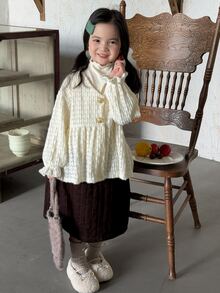 Dazy Kids Young Girl Textured V-Neck Button Design Long Sleeve Shirt - Beige - View 7
