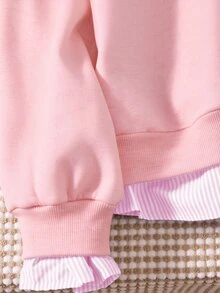SHEIN Sparklyn 青少年女孩秋季休閒大學風 2 合 1 領口襯衫領運動衫，數字與字母印花豹紋寬鬆保暖上衣 - 粉色 - 查看 3