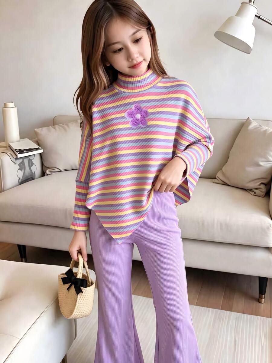 SHEIN Young Girl Young Girl Red Ribbed High Neck 2 Pieces 2pcs Set High Neck Long Sleeve Asymmetrical Top With Red Faux Fur Cuffs; Matching Ribbed Flared - Purple - View 1