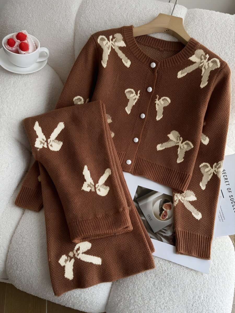 Tween Girl Bow Pattern Long Sleeve Top And Pants Knit Set - Brown - View 1