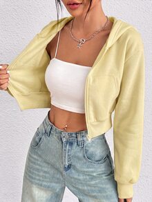 SHEIN PETITE 白色女款純色前拉鍊長袖口袋極簡連帽夾克，休閒秋季場合日常穿著，返校教師穿搭，適合嬌小女性 - 淡黃色 - 查看 3