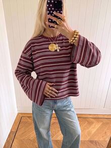 SHEIN EZwear 海外長袖酒紅條紋襯衫，秋季上衣，適合日常通勤、聚會、秋冬春夏、聖誕節、新年、感恩節、派對、婚禮、海灘、畢業典禮、優雅、外出、約會、通勤、情人節、優雅、度假、Y2K、畢業典禮等場合 - 彩色 - 查看 5