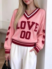TaskSense Sweater Kasual Lengan Panjang Berkerah V-Leher Longgar Motif Hati Merah Muda untuk Hari Valentine dan Musim Gugur. - Berwarna merah muda - View 1