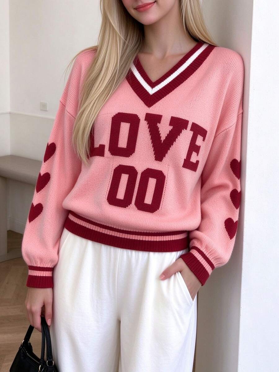 TaskSense Sweater Kasual Lengan Panjang Berkerah V-Leher Longgar Motif Hati Merah Muda untuk Hari Valentine dan Musim Gugur. - Berwarna merah muda - View 1