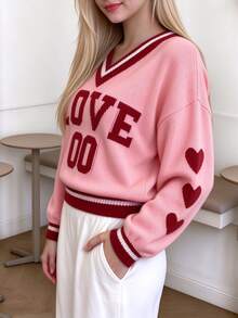 TaskSense Sweater Kasual Lengan Panjang Berkerah V-Leher Longgar Motif Hati Merah Muda untuk Hari Valentine dan Musim Gugur. - Berwarna merah muda - View 5