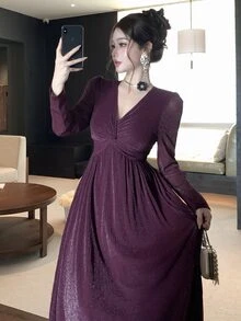 DAZY Women's Solid Color V-Neck Long Sleeve Elegant Dress - Purple - View 4