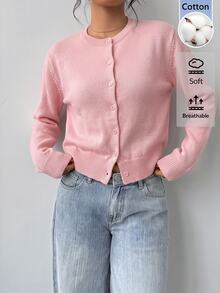 SHEIN BASICS Women's Sweet Double-Breasted Long Sleeve Knit Cardigan - Pink - View 5